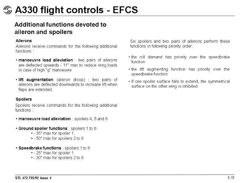 A330 flight controls - EFCS 5.19 Additional functions devoted to aileron and spoilers Ailerons